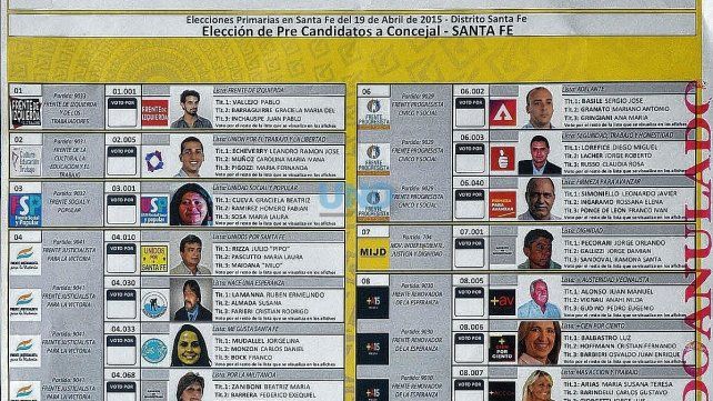 En la ciudad de Santa Fe finalmente competir&aacute;n 42 listas de diferentes frentes y partidos. Esa cantidad obliga a tener dos columnas de precandidatos. La primera columna tendr&iacute;a los primeros 22 lugares, luego se continuar&iacute;a en la segunda columna con el orden sorteado. La imagen corresponde a la elecci&oacute;n primaria de 2015.