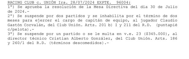 La AFA le aplic&oacute; dos fechas de suspensi&oacute;n a Claudio Corval&aacute;n en Uni&oacute;n y no podr&aacute; estar ante River.