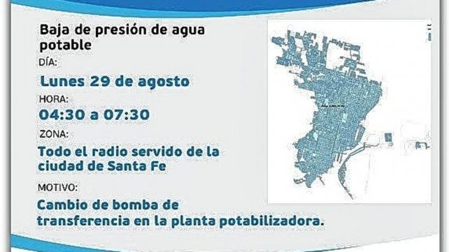 ASSA. Por tareas de mantenimiento estará afectado el suministro de agua potable en la ciudad. 