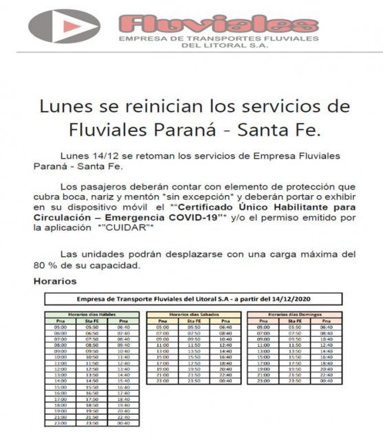 Los horarios de los servicios de la empresa Fluviales desde este 14 de diciembre.