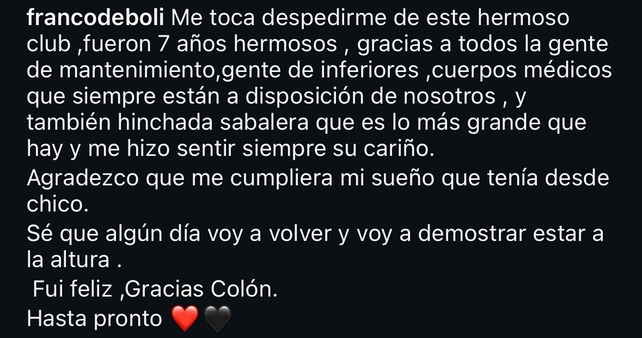 Franco D&eacute;boli se despidi&oacute; de Col&oacute;n.