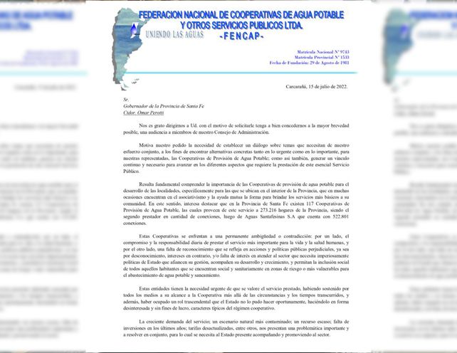 Parte del nota que fue enviada por la Federación de Cooperativas al gobernador Omar Perotti